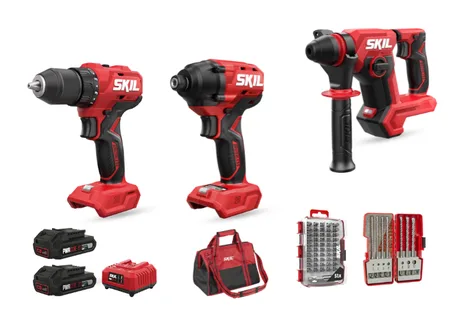 סט תחזוקה Brushless 20V פטישון נטען + מקדחה נטענת + אימפקט נטענת + שתי סוללות 2.0Ah + מטען + מקדחי SDS + ביטים + תיק SKIL