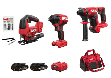 סט פטישון נטען Brushless + מברגת אימפקט נטענת Brushless + מסור אנכי (ג'יקסו) נטען 20V Brushless + מטען + שתי סוללות 2.0Ah + תיק SKIL