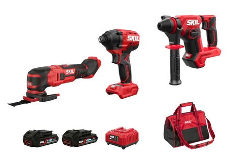 סט פטישון נטען Brushless + מברגת אימפקט נטענת Brushless + מולטיטול נטען(רב כלי) 20V + מטען + שתי סוללות 2.0Ah + תיק SKIL