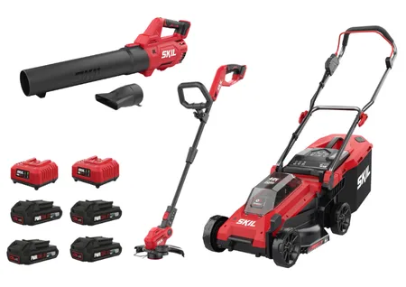 מכסחת דשא 40V(2x20V) Brushless רוחב 34 ס"מ + מפוח עלים + קוצץ קנטים 25 ס"מ + 4 סוללות 2.0Ah + שלושה מטענים SKIL